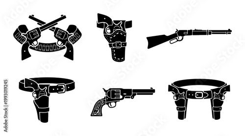 Vintage wild west gun collection, black silhouette western revolvers and holsters, 6 antique cowboy firearm icons, classic lever action rifle vector set