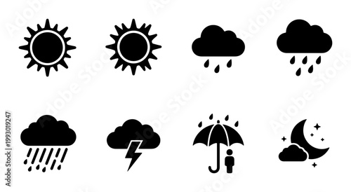 Minimalist weather icon set with 8 black vector symbols, meteorology forecast signs for sun rain and storm, flat climate interface elements