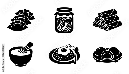 Asian food icon set, 6 black solid vector elements featuring gyoza dumplings, kimchi jar, spring rolls, matcha tea, bibimbap, and mochi dessert