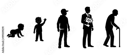 Human life cycle silhouettes showing aging process, male growth stages from baby to senior man, evolution of life vector icons on white background