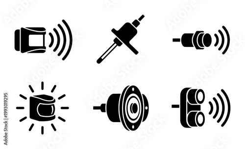 Industrial sensor icon set, 6 black vector symbols for motion detection and automation, electronic proximity and ultrasonic sensor elements for engineering