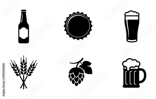 Craft beer icon set with 6 vector elements, brewery symbols including glass and bottle, black minimalist beer icons for pub menus and bar branding