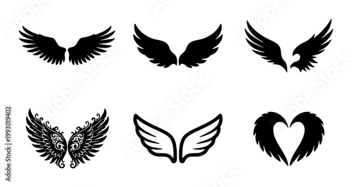Black wing silhouettes collection, set of 6 vector angel and bird wings, heraldic eagle wing icons, decorative feather wing shapes for logo design