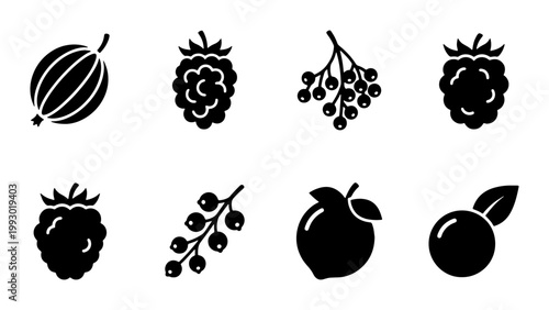 Minimalist berry icon set, black silhouette fruit collection including raspberry and blueberry, 8 flat vector berry symbols for organic food branding