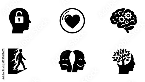 Mental health icons set with human brain and psychology symbols, emotional intelligence vector illustrations, 6 black silhouette icons for therapy