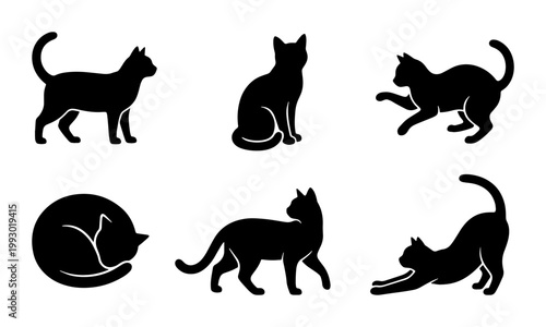 Black cat silhouette collection, 6 feline vector icons in various poses, minimalist pet animal silhouettes for logo design and branding
