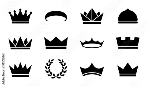 Royal crown icons set, black silhouette king and queen tiara collection, 12 luxury heraldic symbols for logo design and branding, vector coronet elements