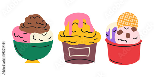 Set of delicious ice cream desserts in colorful bowls and cones with various toppings and flavors. Summer frozen treats vector illustration