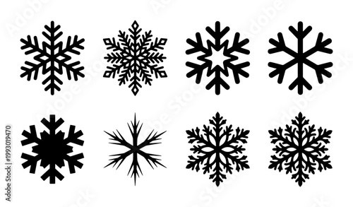 Minimalist black snowflake icons set, 8 winter ice crystal vector elements, geometric frozen snow flakes for Christmas holiday design and winter branding