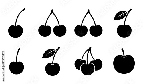 Minimalist cherry icon set, black silhouette fruit vector collection, 8 cherry berry symbols with stems and leaves for food packaging and logo design