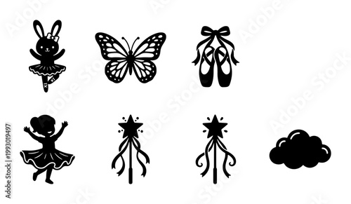 Ballet silhouette icons set, 7 black vector elements including ballerina girl and bunny in tutu, butterfly and magic wand graphics for nursery decor