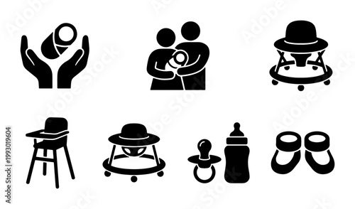 Baby care icon set, black solid newborn equipment symbols, infant nursery collection with high chair and walker, 7 vector elements for parenting