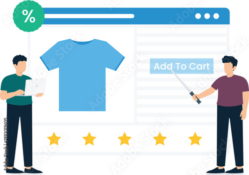 Online shopping product page digital marketing concept, customer review rating stars, add cart button, discount percentage sale, web store retail business, two people flat design