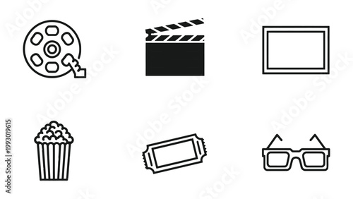 Movie Night Essentials: A collection of iconic symbols of cinema, featuring a film reel, clapboard, empty screen, popcorn, movie ticket, and 3D glasses, suggesting an evening of entertainment.