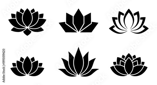 Minimalist lotus flower icons set, black floral silhouette vector graphics, zen yoga wellness logo elements, 6 elegant water lily symbols