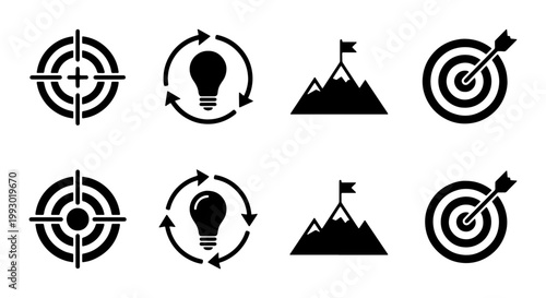 Business goal achievement icons set, black target and mission symbols, 8 vector elements for corporate strategy and success visualization