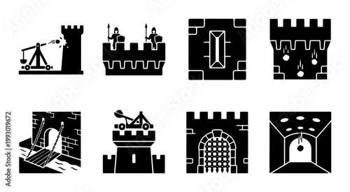 Medieval castle siege icons set, black solid fortress defense symbols, 8 vector elements featuring catapults, drawbridges, and knight guards
