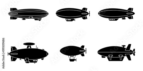Vintage blimp silhouette set, retro zeppelin airship icons, collection of 6 black dirigible flying vehicles for aviation design