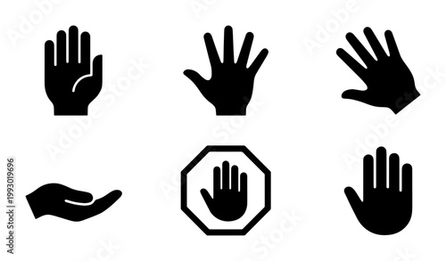 Minimalist hand gesture icon set, black silhouette human palm and stop sign symbols, 6 vector elements for UI design and safety warnings