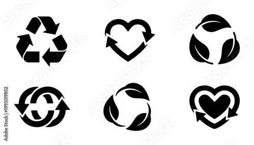 Recycle symbol icon set, black eco friendly circular arrows and leaf signs, sustainable environment conservation vector elements for packaging