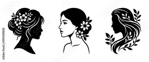 Elegant woman silhouette set with floral hair accessories, feminine profile portraits with flowers and leaves, black and white beauty vector icons