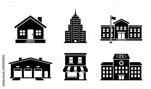 Black building icons set, urban architecture silhouette collection, flat vector house and skyscraper symbols, 6 city infrastructure elements for maps