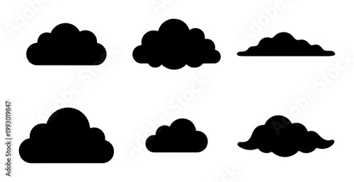 Minimalist cloud silhouettes set, black weather icon collection, 6 flat vector cloud shapes for sky and atmosphere design, simple nature symbols