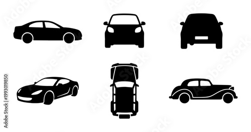 Black car silhouette icons set, automotive vehicle vector collection with sedan and sports car, front side and top view transport symbols