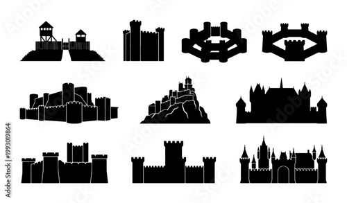 Medieval castle silhouette collection, 10 fortress and palace vector icons, black ancient citadel architecture set for historical design projects