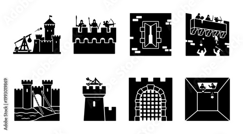 Medieval castle siege icons set, 8 black silhouette vector illustrations of fortress defense, ancient warfare and stone fortification elements