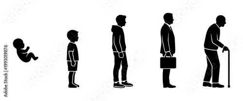 Human life cycle silhouettes, aging process of a man from baby to senior, male growth stages vector, evolution of age icons for healthcare and education