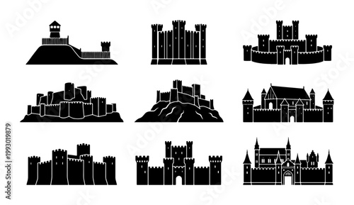 Medieval castle silhouette icons, set of 9 ancient fortress vector illustrations, black stone citadel and palace architecture for historical design