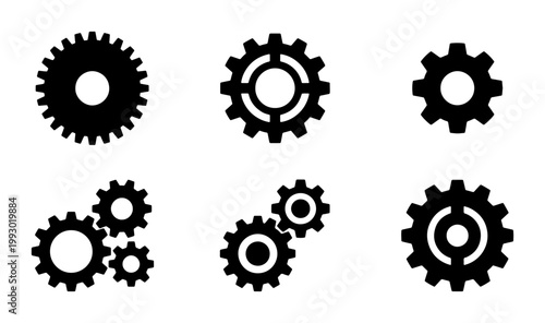 Industrial gear icons set, black mechanical cogwheel vector collection, technical engine parts for engineering and machinery design projects