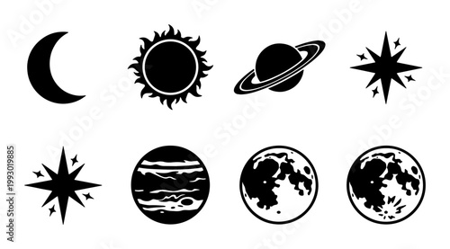 Celestial space icons set, black silhouette astronomical symbols of sun moon and planets, minimalist galaxy vector elements for astrology and science