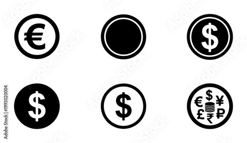 Minimalist currency coin icons set, black and white money symbols vector, global financial exchange signs for banking and e-commerce apps