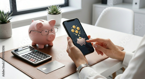 Close up of hands using financial mobile app for savings with pink piggy bank and calculator on office desk.