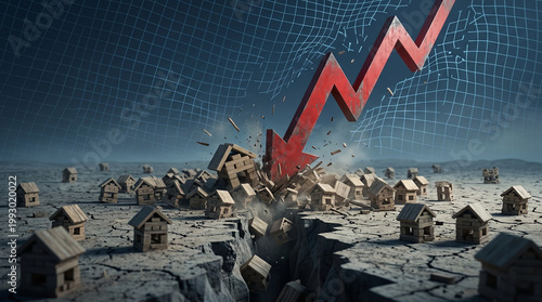 Large red downward arrow smashing a wooden block house over a deep crack, dramatic housing market collapse.