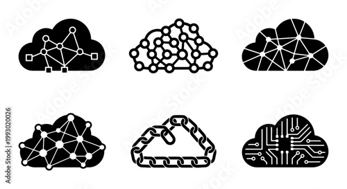 Cloud computing technology icons set, blockchain network and data storage vector symbols, digital infrastructure and circuit board cloud graphics