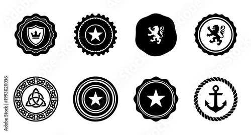 Vintage heraldic badges and premium quality seals, set of 8 black vector icons, classic crest emblems with lion crown star and anchor symbols