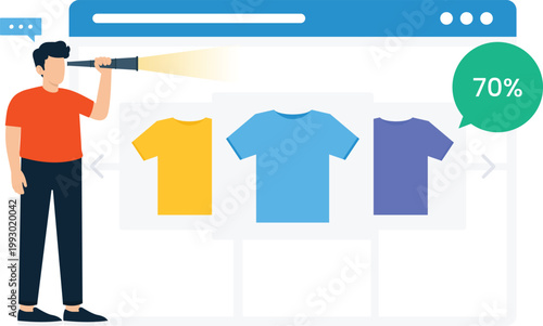 Digital marketing online shopping product search e-commerce optimization customer analysis discount promotion web browser retail business flat design male consumer fashion apparel sales strategy