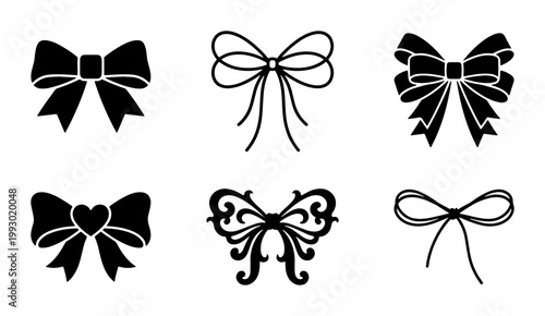 Black ribbon bow icons set, elegant decorative gift bows collection, 6 vector ribbon silhouettes for wedding invitations and holiday packaging
