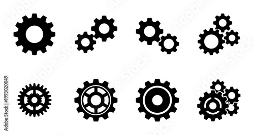Industrial gear icons set, black mechanical cogwheel vector collection, 8 engineering gear symbols for machinery and technology interface design