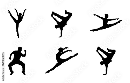Dynamic dancer silhouettes set, 6 black vector icons of breakdance and ballet performers, athletic people dancing in various poses and jumps