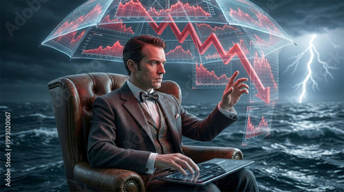 Businessman in suit sitting in armchair under transparent umbrella protecting financial charts from economic storm and crisis.