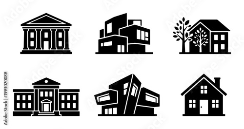 Minimalist architecture icons set, black building silhouettes including modern houses and classical government structures, 6 vector real estate symbols