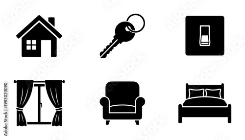 Real estate and home interior icon set, 6 black solid vector symbols, house and furniture elements for property listings and residential design
