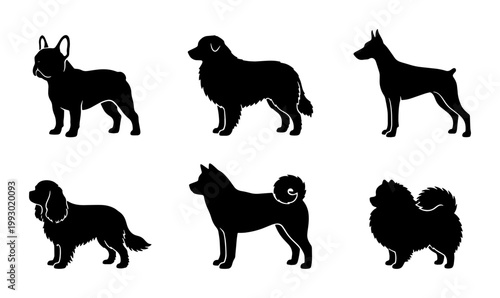 Black dog breed silhouettes collection, set of 6 canine vector icons, minimalist pet animal profile shapes for logo design and branding