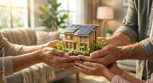 Family hands holding a model house with solar panels and small green plants, sustainable energy and eco-friendly lifestyle concept.