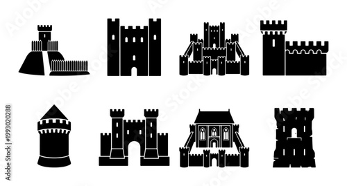 Medieval castle silhouette icons, set of 8 fortress vector elements, ancient stone tower and citadel symbols for historical gaming and logo design