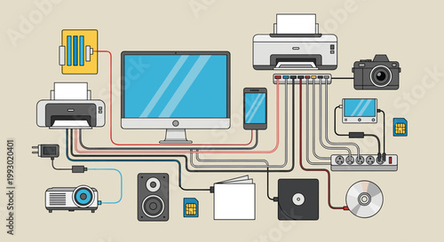 Interconnected electronic devices including a computer monitor, printers, smartphone, camera, and speakers on a light background setup.